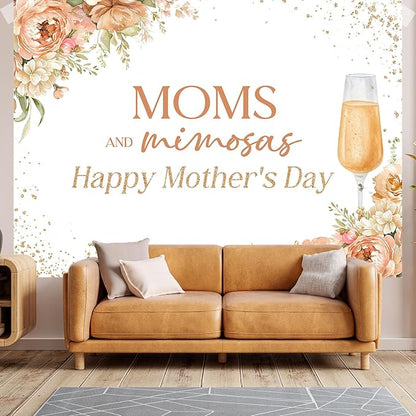 Happy Mother's Day Backdrop Moms and Mimosas Champagne Glass Blush Pink Floral Photography Background Mother's Day Brunch Party Decoration Supplies Banner Photo Booth Studio Props 7x5ft