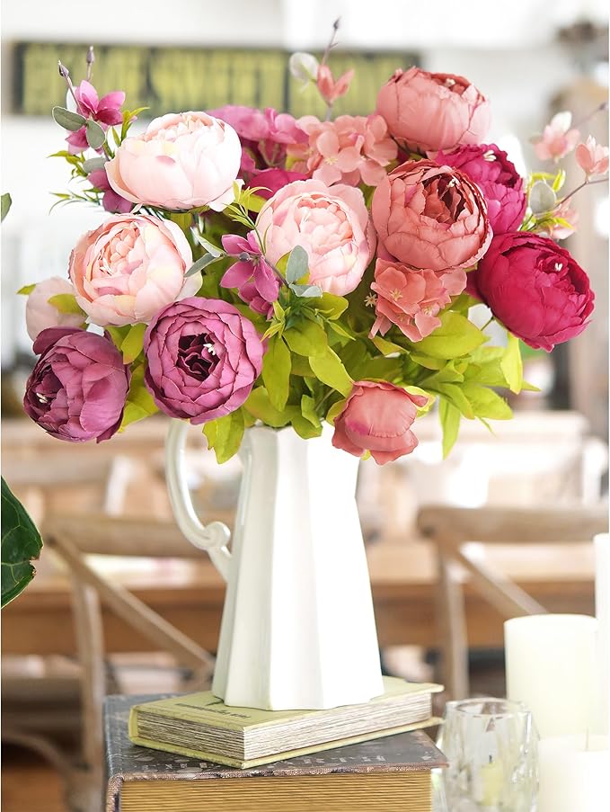 FiveSeasonStuff Vintage Artificial Peonies Silk Flowers and Hydrangeas for Wedding Bridal Home Décor – Beautiful Floral Centerpiece Arrangement Decoration with 2 Bouquets (Cheerful Medley)