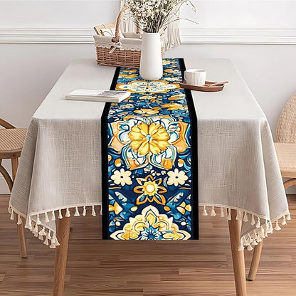 Bohemian Blue & Orange Floral Table Runner – 13x72 Inch Vintage Patterned Linen-Look Fabric, Rustic Dining Table Decor, Boho Chic Home Accent for Kitchen & Parties
