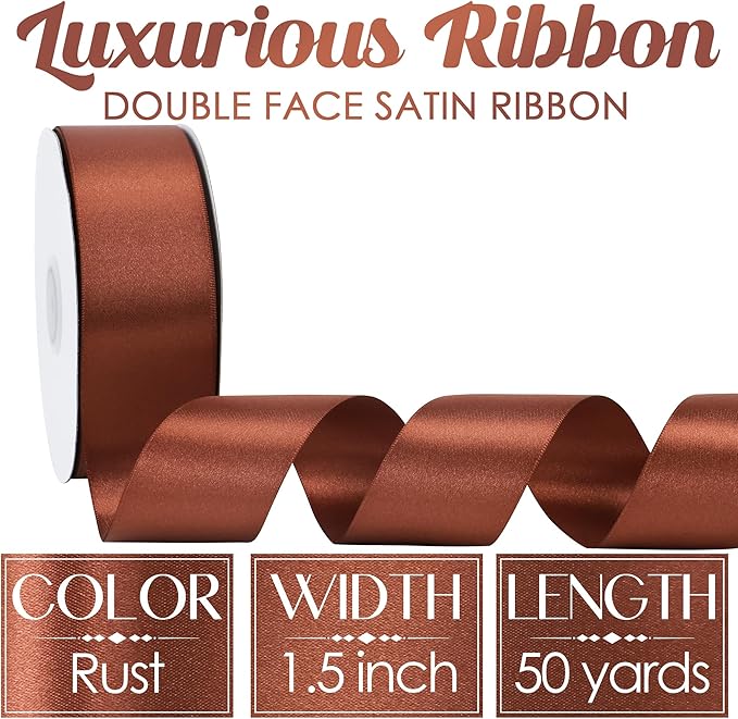 MEEDEE Rust Satin Ribbon 1-1/2 inch Rust Ribbon Double Faced Satin Ribbon by 50 Yards Rust Red Ribbon for Thanksgiving, Fall Decorating, Wreaths Bow, Crafts, Satin Weddings, Flower Bouquet