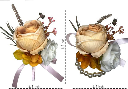 Corsage and Boutonniere Set Corsage Wistlet Burnt Orange Corsage Wrist Artificial Flower Perfert for Proms | Weddings for Bride,Bridesmaids, Groom,Groomsmen Decor (Burnt Orange)
