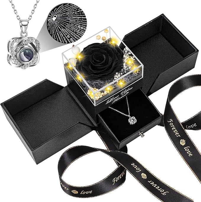 Preserved Black Real Rose-Eternal Flowers Rose Birthday Gifts for Her Mom Wife Girlfriend Grandma on Valentines Mothers Day Christmas Anniversary Romantic with Heart I Love You Necklace- Black