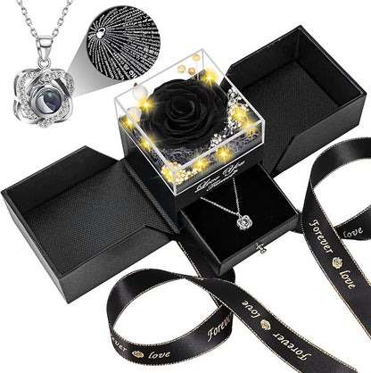 Preserved Black Real Rose-Eternal Flowers Rose Birthday Gifts for Her Mom Wife Girlfriend Grandma on Valentines Mothers Day Christmas Anniversary Romantic with Heart I Love You Necklace- Black