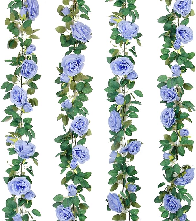 TELDRASSIL 4Pcs(26 FT) Artificial Rose Vine Fake Flower Garland Fake Silk Rose Hanging Vine for Wedding Party Background Arch Garden Background Decoration (Blue)