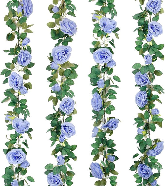 TELDRASSIL 4Pcs(26 FT) Artificial Rose Vine Fake Flower Garland Fake Silk Rose Hanging Vine for Wedding Party Background Arch Garden Background Decoration (Blue)
