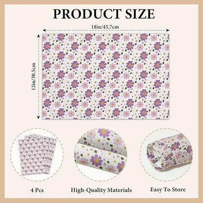 Cotton Linen Waterproof Placemats Set of 4, Purple Floral Dining Mat Table Mats Decor Fabric for Kitchen Dinner Coffee Shop Table, Outdoor/Indoor Washable Wipeable Placemat -N031
