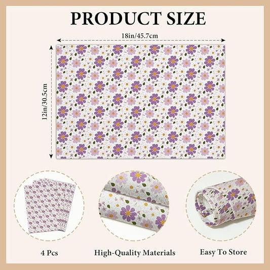 Cotton Linen Waterproof Placemats Set of 4, Purple Floral Dining Mat Table Mats Decor Fabric for Kitchen Dinner Coffee Shop Table, Outdoor/Indoor Washable Wipeable Placemat -N031