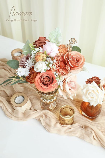 Floroom Terracotta Artificial Flowers Burnt Orange Fake Roses Peonies Dahlias and Greenery Combo Box Set for DIY Wedding Bouquets Bridal Shower Centerpieces Floral Arrangements Party Tables Decoration