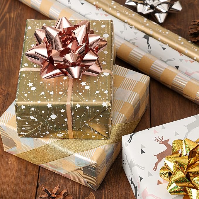 CHOIEO 15 Pcs Gift Bows Assortment, 4.5" Wide Bow for Christmas, Birthdays, Holiday, Presents, Wrapping Paper, Anniversaries, Baby Showers, Bridal Showers, Hanukkah (Rose Gold+Silver+Gold)