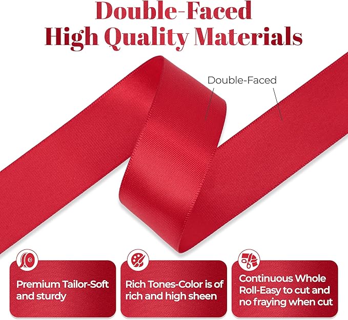 Red Satin Ribbon, Double Faced 1 Inch X 50 Yards Red Ribbon, Premium Satin Ribbon for Gift Wrapping, Crafts, Hair Bow Making, Sewing, Flower Bouquet, Wedding Party Decor