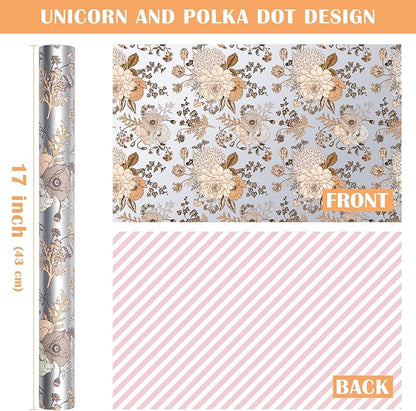 WRAPAHOLIC Reversible Floral Wrapping Paper - Mini Roll - 17 Inch X 33 Feet - Pearlized Silver Vintage Floral Wedding Wrapping Paper for Birthday, Bridal Shower, Baby Shower