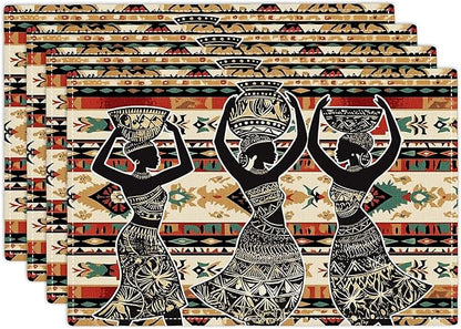 Southwestern Placemats Set of 4, African Woman Place Mats, Rustic Dancing Women with Pot on The Head Dining Table Mats, Washable Placemats for Kitchen Dining Room 18L'' × 12W''