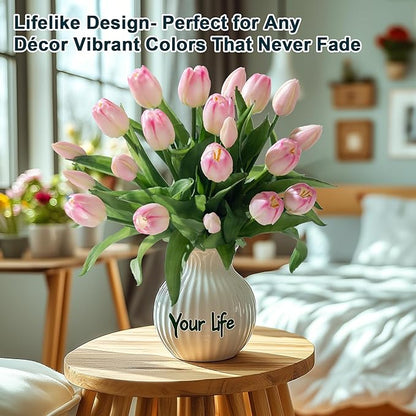 20PCS Fake Tulips Artificial Tulip Silk Flowers Fake PU Bouquet Artificial Flowers Faux Flowers with Gift Box Soft Faux Tulips Bouquets Arrangements for Party Wedding Home