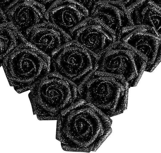 IPOPU Black Glitter Roses, 25pcs Foam Glitter Roses Glitter Flowers Foam Rose with Stem for DIY Wedding Bridal Bouquet Home Party Decoration(Black)