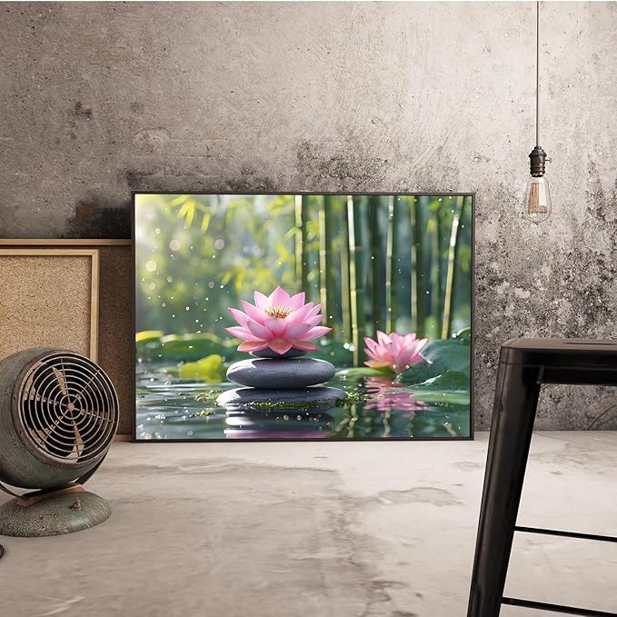 Ethereal pink lotus on obsidian Sunlit bamboo forest with sparkling water drops Poetic nature inspired wall art for tranquil homes and mindful spaces 24x36in Metal blackFramed