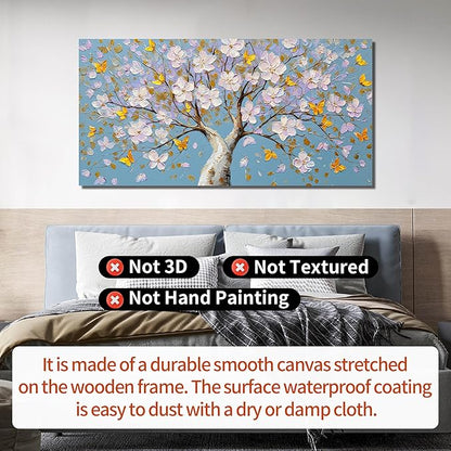 Purple Blossom Tree with Butterflies Canvas Wall Art with Gold Accents, Blue Background Abstract Picture for Living Room Bedroom Wall Decor Printed Painting Artwork Decoration Large Size 58x29 Inches