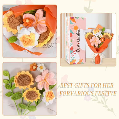 Crochet Flower Bouquet Handmade Crochet Flowers Gifts, Crochet Tulips Sunflowers Roses 7Pcs for Mothers Day Weddings Birthdays Home Decor Ideal for Women Moms Wife Friends(Orange)
