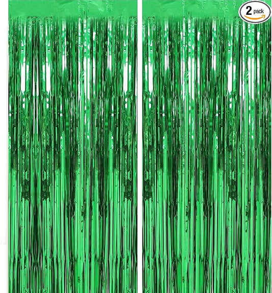 2 Pack 3.28 ft x 6.56 ft Green Tinsel Curtain Party Backdrop Decorations, Metallic Foil Fringe Backdrop Door for Halloween, Christmas, Birthday Graduation Wedding Party Streamers Photo Backdrop.