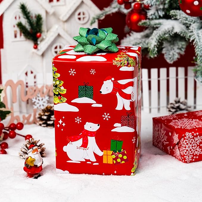 MAYPLUSS Christmas Wrapping Paper Roll - 17IN X 33FT - Red Gift Wrap Paper Featuring Christmas Tree Polar Bear Scarf Hat Reversible Snowflake for Kids, Holiday, New Year
