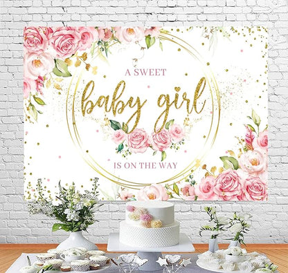 Sensfun Glitter Gold Pink Floral Baby Girl Baby Shower Backdrop Banner Decorations,Watercolor Flower Its a Sweet Baby Girls Baby Shower Party Decor Photography Background Photo Booth Shoot Props 5x3ft