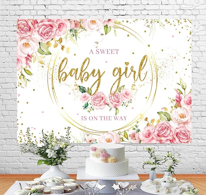 Sensfun Pink Floral Baby Girl Backdrop for Baby Shower Party Decorations Glitter Gold Watercolor Flower It's a Sweet Baby Girls Baby Shower Banner Photography Background Photo Booth Shoot Props 8x6ft