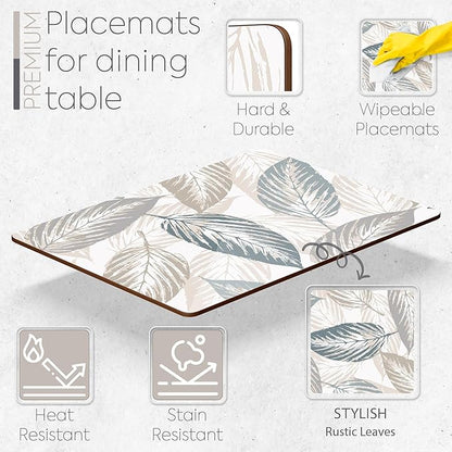 Set of 4 Heat Resistant Cork Placemats for Dining Table with Free Set of 4 Matching Drink Coasters Marble Design 16 x 12 Inches Cork Backed Hard Placemats (Farmhouse Rustic Leaves)