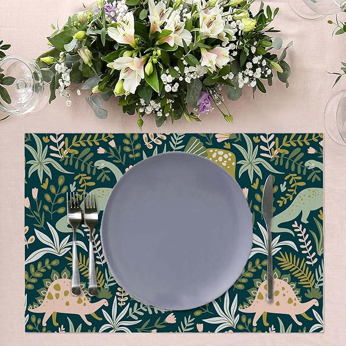 Placemats Set of 4 Dinosaurs and Tropical Leaves Dining Place Mats Linen Table Mat for Farmhouse Home Kitchen Decor 12 X 18 Inch