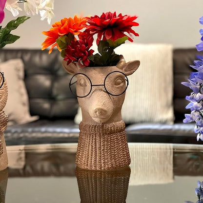 Bespectacled Deer Cement Vase 8.7 Inch - Gold Accents, Knit Scarf, Real Wire Glasses, Whimsical Animal Planter, Distressed Taupe Decorative Vase for Indoor Plants, Unique Gift - Home or Office