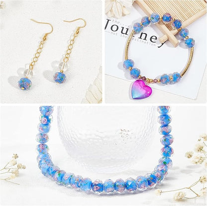 PH PandaHall 45pcs 12mm Gold Sand Lampwork Beads Glass Handmade Round Loose Beads with Hole for Rosary Making Jewelry Craft Making - Cornflower Blue