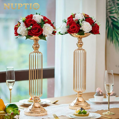 NUPTIO Flower Centerpieces for Wedding Tables: Red & White Artificial Flower Ball Arrangement for Christmas Thanksgiving Party - 2 Pcs Fake Floral Rose for Bridal Shower Decor