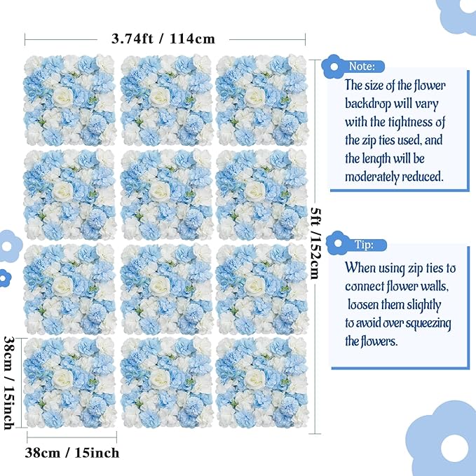 Blue Flower Backdrop Wall 5ftx3.74ft Fake Rose Wedding Backdrop 3D Floral Wall Panels for Baby Shower Party Bridal Wedding Background Decor