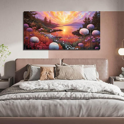 Sunset Panoramic Canvas Wall Art, Purple Floral Meadow & Green Tree Landscape with Gold Accents Picture for Living Room Bedroom Wall Decor, Print Painting Artwork Decoration, Large Size 58x29 Inches