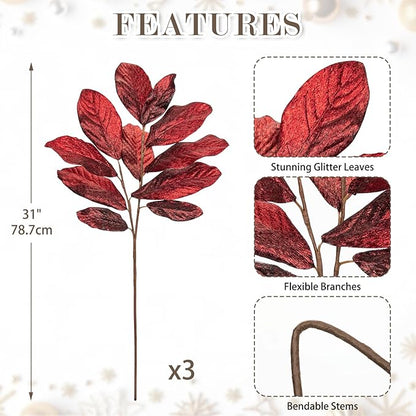 31" Burgundy Christmas Glitter Leaves Spray, Artificial Glitter Long Stems Christmas Tree Picks and Sprays Christmas Decoration Picks Xmas Tree Garland Wreath Autumn Winter Home