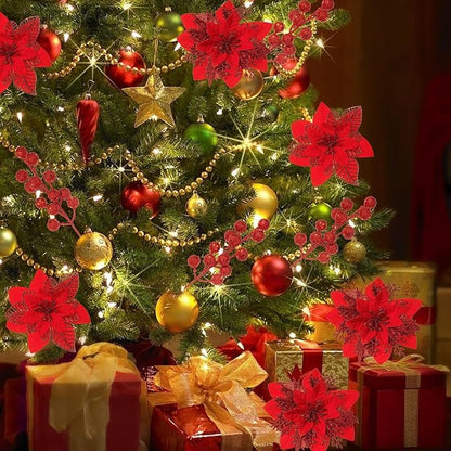 24 Pcs Red Boxed Christmas Poinsettia Flowers Set, 16 Pcs Artificial Poinsettias with Clips, 8 pcs Glitter Christmas Tree Ornaments Berry Stems for Wedding Home Holiday Xmas New Year Decorations