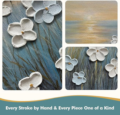 JUHOME Vintage Hand-Painted Thick Texture 3D White Flowers Abstract Oil Painting on Canvas Wall Art,Horizontal Sunset Beach Art Decor for Home Office Hall Wall Decorative,36x24