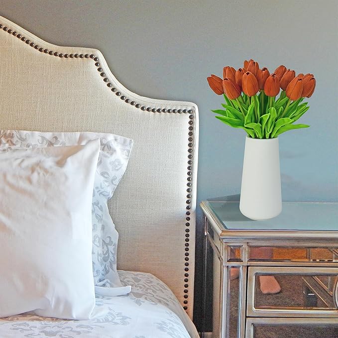 Mandy's Artificial Tulips 20 Stems Burnt Orange PU Faux Flowers for Thanksgiving and Christmas Decorations Wedding Home Decor 13.5 Inch