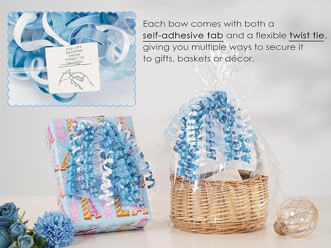 HUIHUANG Blue Bows for Gift Wrapping Blue and White Curly Bows with Self Adhesive & Twist Tie, 7 inch Gift Bow for Presents, Gift Basket, Baby Shower, Christmas Decor, Party Favors- 6 Counts