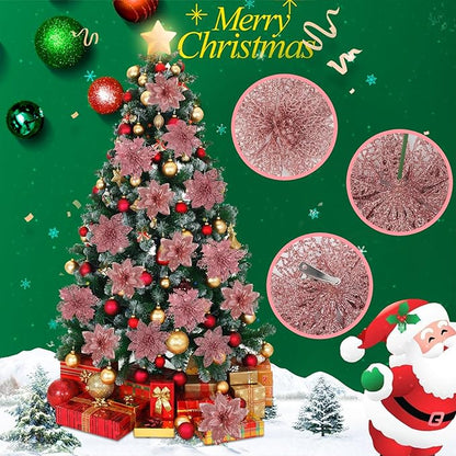 RECUTMS 66 Pcs 3 Styles Christmas Ornaments Christmas Glitter Poinsettia Flowers Artificial Christmas Tree Flower Decorations Wedding Wreath Floral Decorations (Rose Gold)