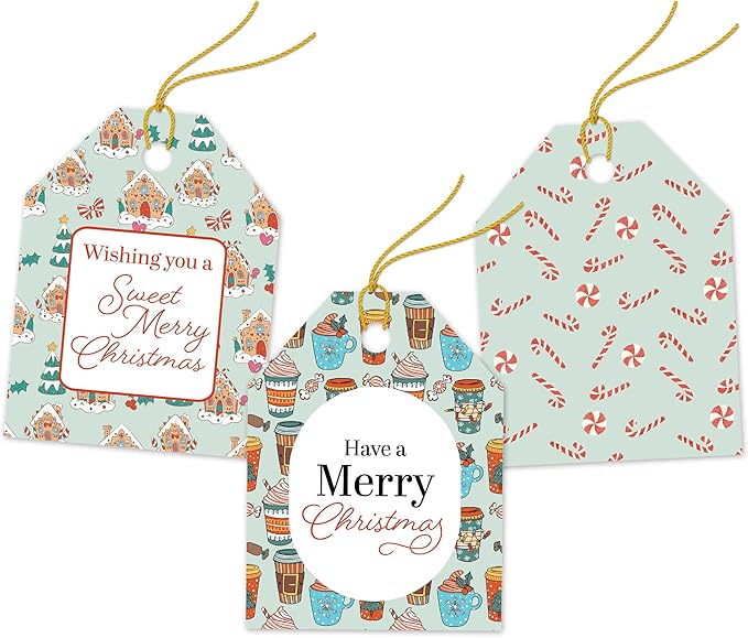 Pro Supply Global 24 Count of 2.5 Inch x 3 Inch Pre Strung Christmas Treats Gift Tag Assorted Printed Designs on Large Cardstock Gift Hang Tags - Ideal to Use on Bags