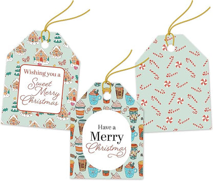 Pro Supply Global 24 Count of 2.5 Inch x 3 Inch Pre Strung Christmas Treats Gift Tag Assorted Printed Designs on Large Cardstock Gift Hang Tags - Ideal to Use on Bags