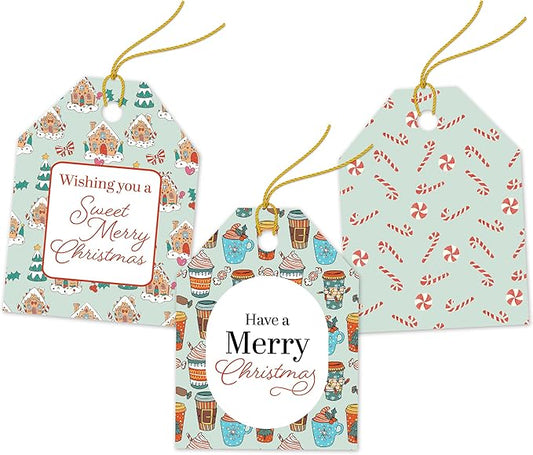Pro Supply Global 24 Count of 2.5 Inch x 3 Inch Pre Strung Christmas Treats Gift Tag Assorted Printed Designs on Large Cardstock Gift Hang Tags - Ideal to Use on Bags