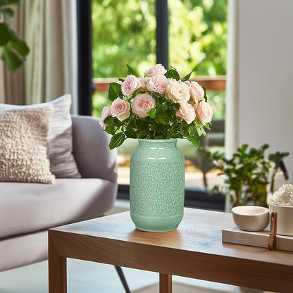 Ceramic Vase, 9 Inch Modern Green Flower Vases for Home Decor, Dining Table,Entryway, Living Room, Bathroom, Bookshelf, Bedroom, Kitchen, Mantle, Office, Foyar