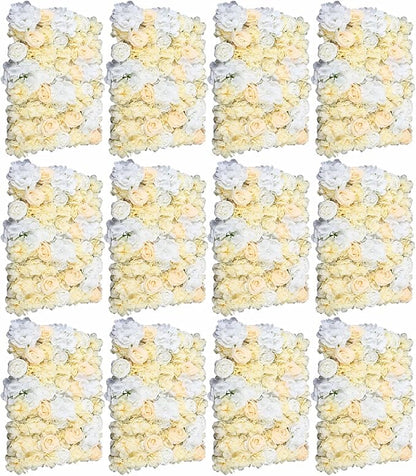 LOYALHEARTDY 12 Pack 24" x 16" Artificial Flower Wall Panels Hydrangea and Rose Flower Backdrop Panels Wedding Party Event Decoration (12 PCS, Yellow+White)