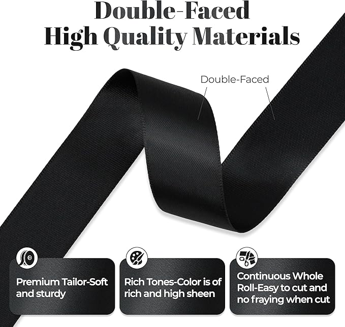 Black Satin Ribbon, Double Faced 7/8 Inch X 50 Yards Black Ribbon, Premium Satin Ribbon for Gift Wrapping, Crafts, Hair Bow Making, Sewing, Flower Bouquet, Wedding Party Decor