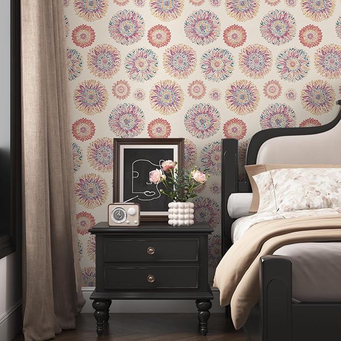 Boho Wallpaper Peel and Stick, Vintage Circle Floral Contact Paper, Abstact Beige/Blue/Pink Retro Flower Wall Paper Self Adhesive Removable Waterproof for Walls Shelves Cabinet Table 17.5" x 118"