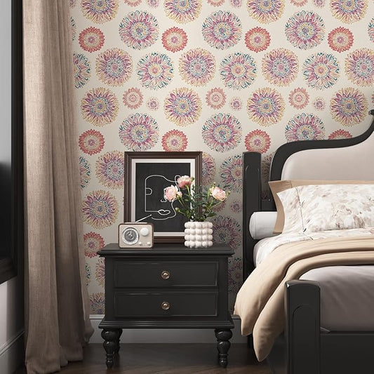 Boho Wallpaper Peel and Stick, Vintage Circle Floral Contact Paper, Abstact Beige/Blue/Pink Retro Flower Wall Paper Self Adhesive Removable Waterproof for Walls Shelves Cabinet Table 17.5" x 118"