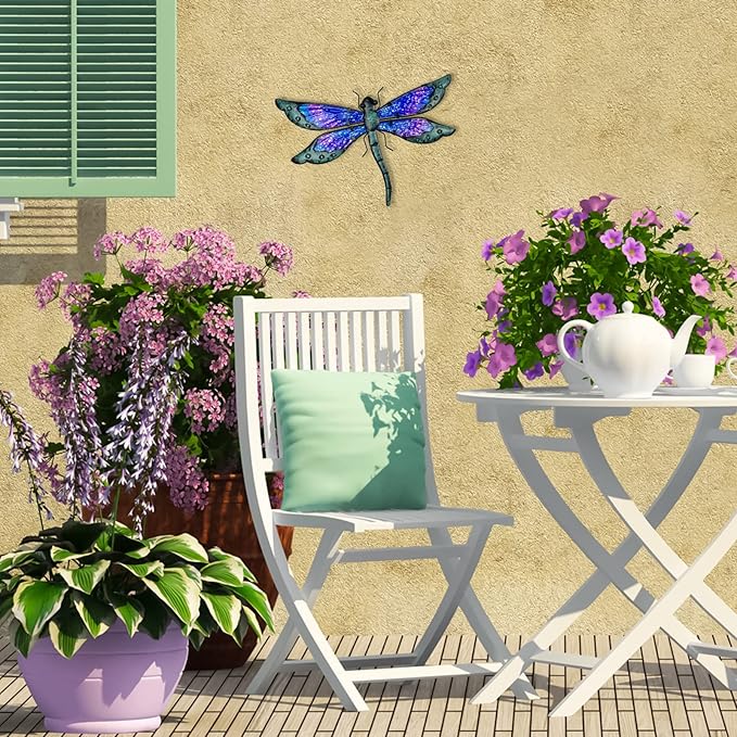 HONGLAND Metal Dragonfly Decor, Dragonfly Outdoor Wall Decor, Metal Wall Art, Wall Sculptures Gifts Hanging Decorations for Garden Yard Home-Blue 14 Inch