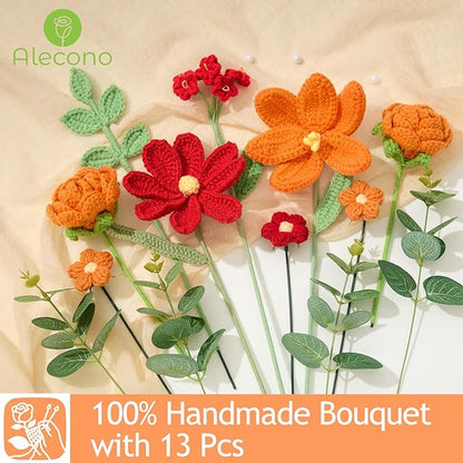 Alecono Crochet Flower Bouquet, Orange and Burgundy Knitted Flowers, Red Crochet Tulip Galsang Flower for Lover Anniversary Birthday Party Mother's Day Graduation Gifts (Include Card)