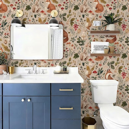 Animal Peel and Stick Contact Paper Moody Fox Rabbit Mushroom Botanical Leaf Removable Wallpaper 17.7" x 118.11" Wall Paper Watercolor Self Adhesive for classroom Bedroom laundry room bathroom