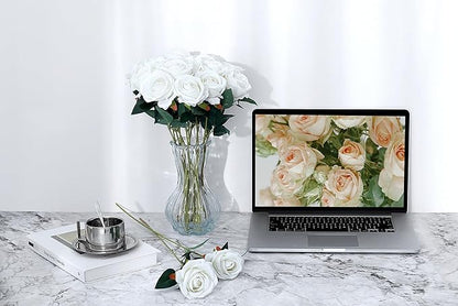 SITUMEIZI 15PCS White Artificial Roses Silk Flowers Fake Roses Realistic Bouquet Long Stem with Gift Box for Mother's Gift Day Home Party Wedding Decorations